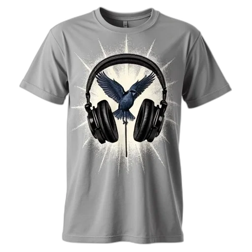 3d render, grey, t-shirt, stylized, illustration, pair, headphones, bird transparent PNG cut-out