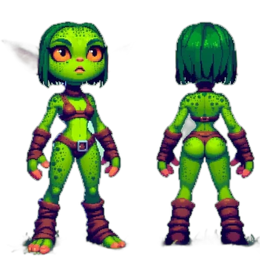 pixel art, concept art, fantasy art, 3d render, green, pixelated, animated, female transparent PNG cut-out
