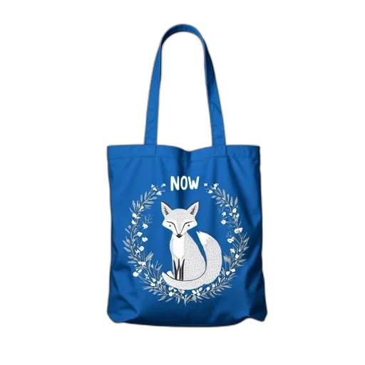 blue, tote, bag, white, design, fox, surrounded, flowers transparent PNG cut-out