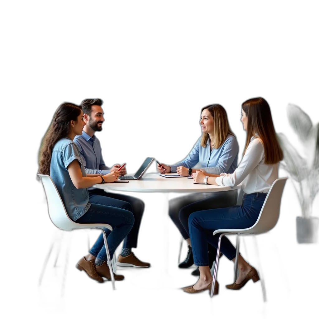 furniture, staff, 3d render, group, four, people, seated, around transparent PNG cut-out