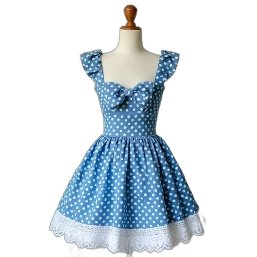 dress, 3d render, blue, white, polka, dot, bow, back transparent PNG cut-out