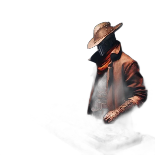 jacket, hat, mask, weapon, concept art, photorealistic, pixel art, watercolor transparent PNG cut-out