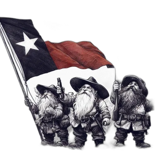 concept art, three, dwarves, stand, row, one, waving, flag transparent PNG cut-out