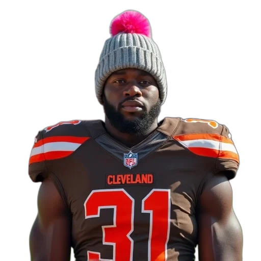 hat, man, wearing, cleveland, browns, jersey, gray, beanie transparent PNG cut-out