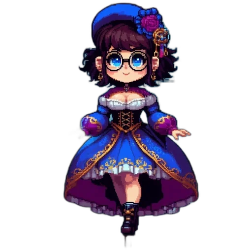dress, staff, crown, pixel art, fantasy art, anime, concept art, dark transparent PNG cut-out
