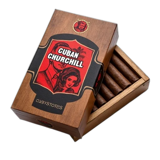 box, cigars, red, black, label, featuring, stylized, illustration transparent PNG cut-out