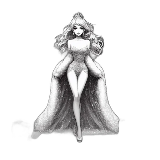 dress, crown, concept art, fantasy art, pencil sketch, comic book art, monochrome, elegant transparent PNG cut-out
