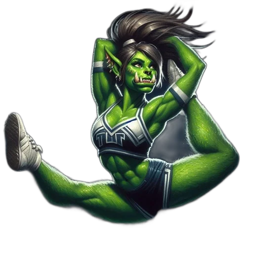 comic book art, concept art, fantasy art, pixel art, green, orcish, female, cheerleader transparent PNG cut-out