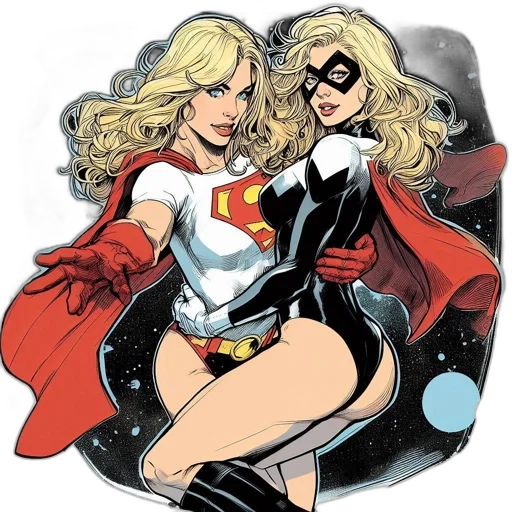 comic book art, concept art, cartoon, two, superheroines, one, red, blue transparent PNG cut-out