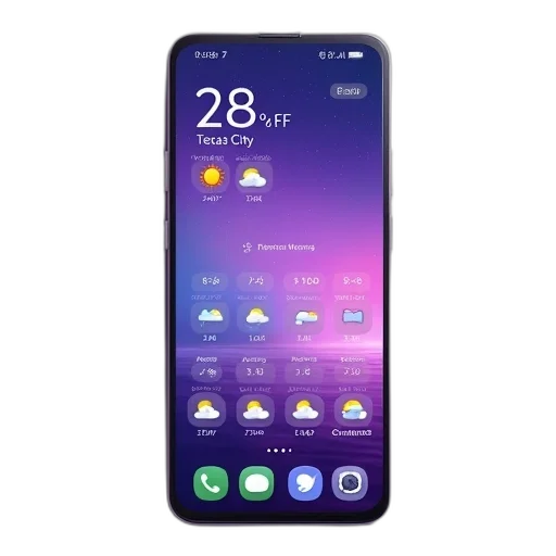 smartphone, screen, displaying, weather, app, purple, background, shows transparent PNG cut-out