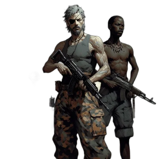 weapon, concept art, 3d render, comic book art, earth tones, three, men, one transparent PNG cut-out