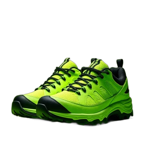 shoes, 3d render, photorealistic, neon, green, pair, safety, hikers transparent PNG cut-out