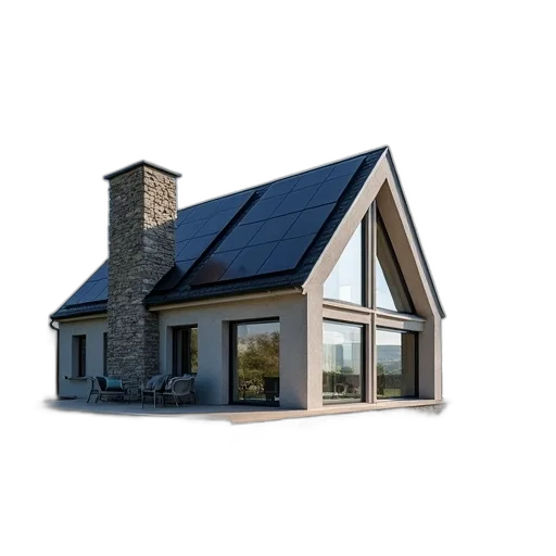 building, 3d render, photorealistic, modern, house, solar, panels, roof transparent PNG cut-out