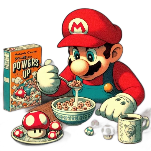 food, pixel art, concept art, 3d render, comic book art, mario, seated, table transparent PNG cut-out