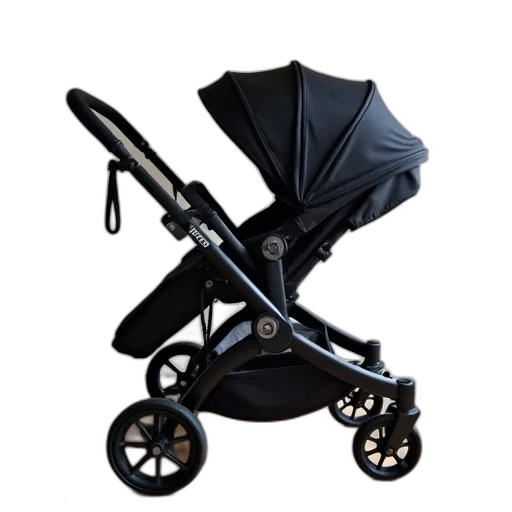 umbrella, black, stroller, canopy, parked, wooden, floor, has transparent PNG cut-out