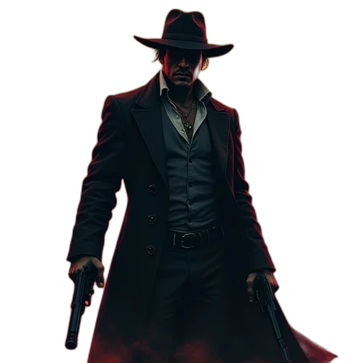 jacket, hat, weapon, staff, concept art, comic book art, pixel art, photorealistic transparent PNG cut-out