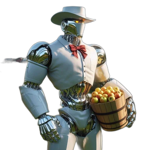 robot, food, weapon, concept art, 3d render, vaporwave, dressed, farmhand transparent PNG cut-out