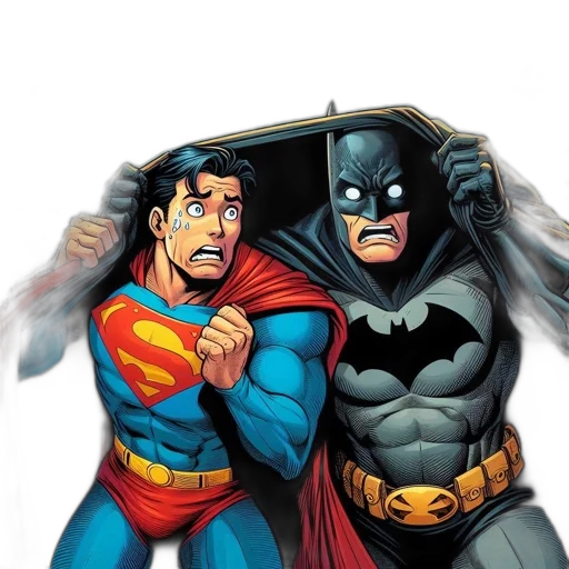 comic book art, concept art, superman, shock, batman, interact, dramatically, against transparent PNG cut-out