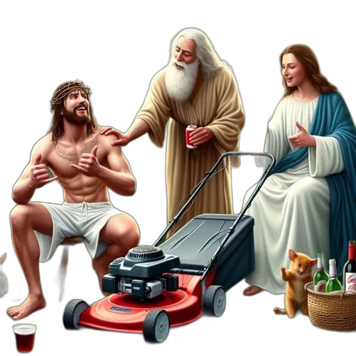 concept art, humorous, surrealistic, scene, features, christ, laughing, while transparent PNG cut-out
