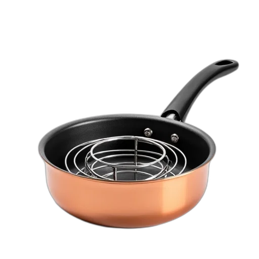 food, 3d render, copper-colored, metal, pan, black, handle, silver transparent PNG cut-out