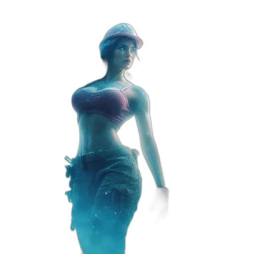dress, hat, weapon, staff, concept art, 3d render, vaporwave, cyberpunk transparent PNG cut-out