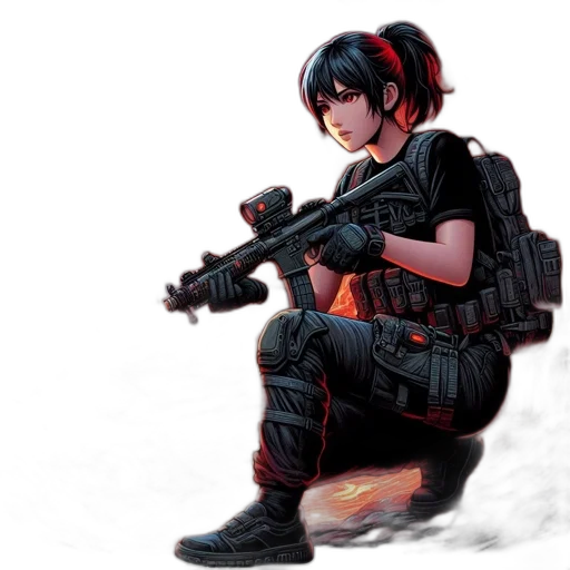 weapon, concept art, cyberpunk, comic book art, fantasy art, red, young, woman transparent PNG cut-out