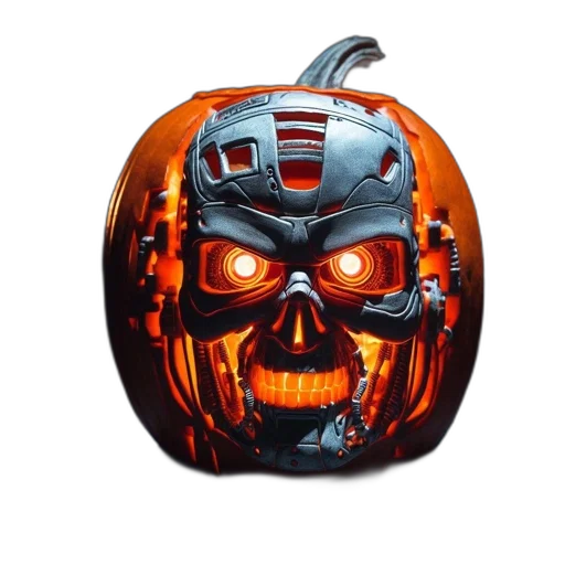robot, mask, 3d render, concept art, intricately, carved, illuminated, pumpkin transparent PNG cut-out