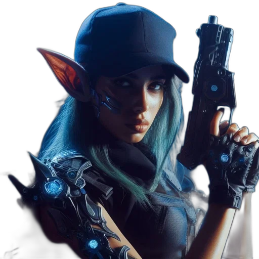 weapon, staff, hat, concept art, cyberpunk, fantasy art, photorealistic, blue transparent PNG cut-out