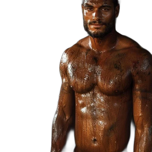 photorealistic, bearded, man, muscular, physique, covered, dark, substance transparent PNG cut-out