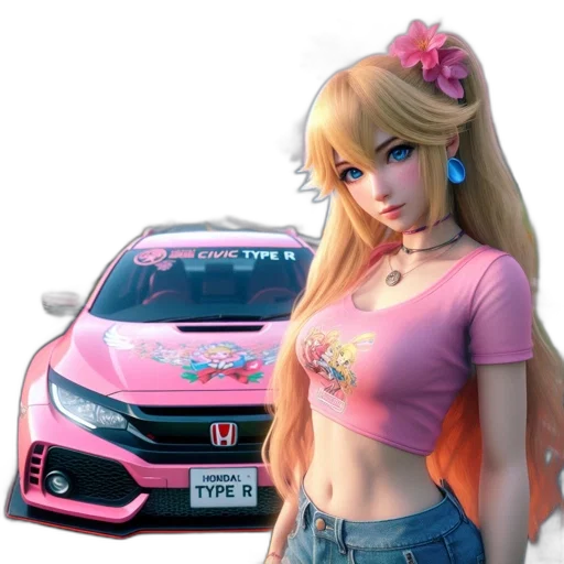 car, concept art, 3d render, vaporwave, anime, pastel, female, character transparent PNG cut-out