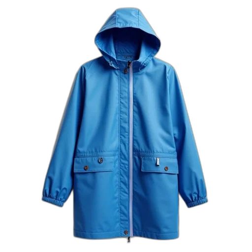 jacket, blue, raincoat, hood, displayed, against, white, background transparent PNG cut-out
