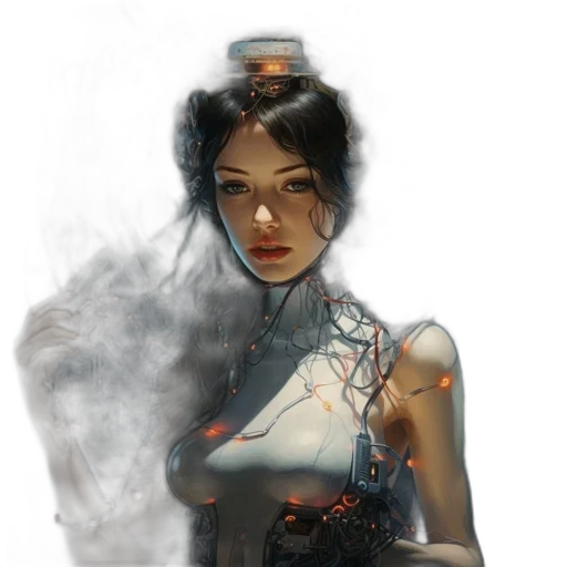 robot, dress, face, staff, concept art, fantasy art, cyberpunk, photorealistic transparent PNG cut-out