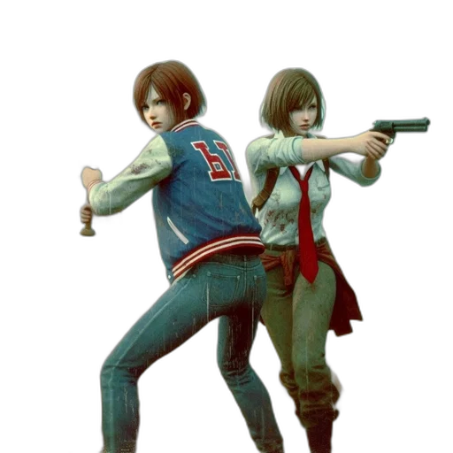 jacket, weapon, concept art, 3d render, two, female, characters, prepare transparent PNG cut-out