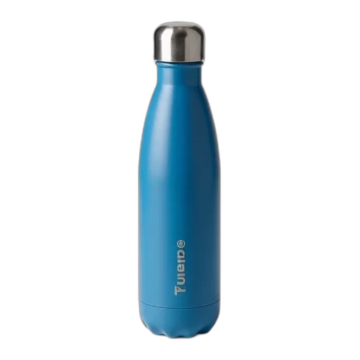 bottle, staff, umbrella, blue, thermos, silver, lid, logo transparent PNG cut-out