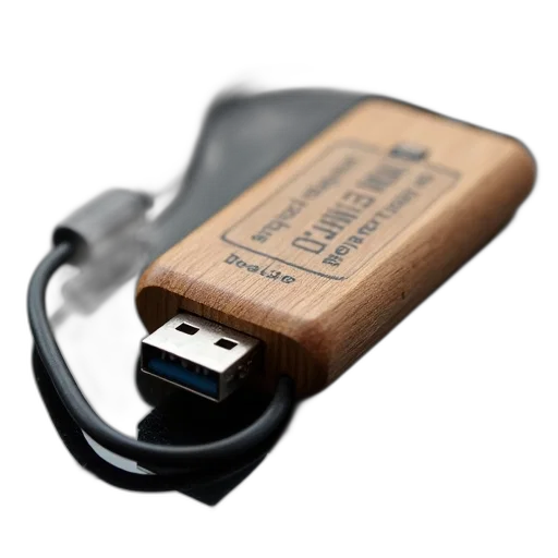 3d render, close-up, image, wooden, usb, flash, drive, black transparent PNG cut-out