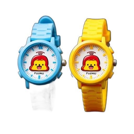 jewelry, pair, colorful, cartoon-themed, wristwatches, black, background, left transparent PNG cut-out