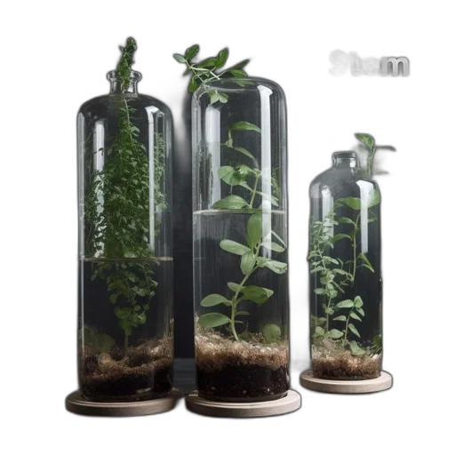 bottle, concept art, 3d render, photorealistic, three, glass, bottles, plants transparent PNG cut-out