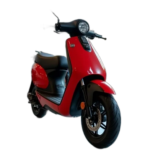 3d render, photorealistic, red, black, electric, scooter, parked, showroom transparent PNG cut-out