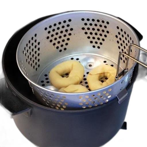 food, metal, steamer, basket, three, doughnuts, inside, sits transparent PNG cut-out