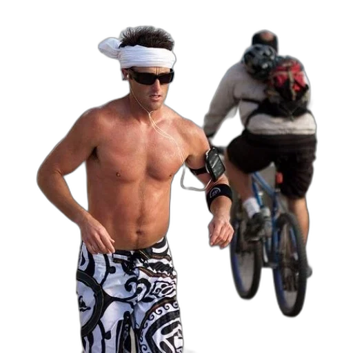 shirtless, man, white, headband, sunglasses, runs, beach, while transparent PNG cut-out