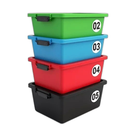 3d render, colorful, neon, stack, four, plastic, storage, boxes transparent PNG cut-out