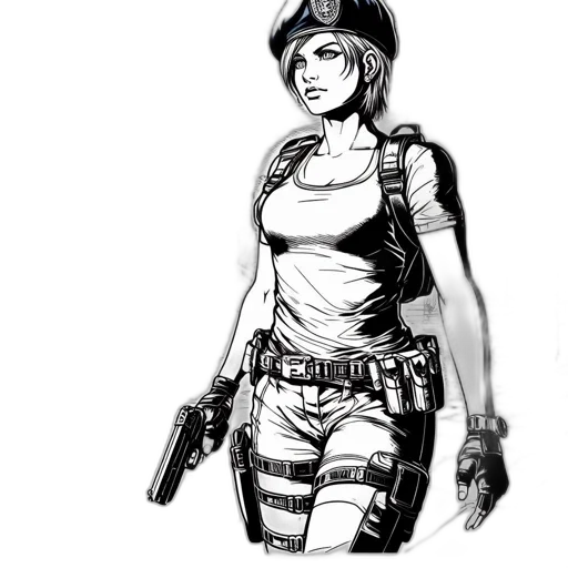 weapon, comic book art, concept art, cartoon, cyberpunk, monochrome, woman, stands transparent PNG cut-out