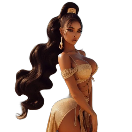 dress, hair, fantasy art, concept art, 3d render, cartoon, golden, earth tones transparent PNG cut-out