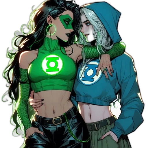 comic book art, concept art, green, two, women, contrasting, hair, colors transparent PNG cut-out