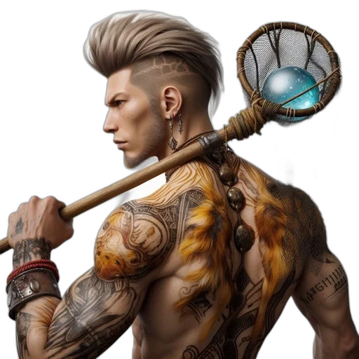 staff, hair, fantasy art, concept art, photorealistic, cyberpunk, man, tall transparent PNG cut-out