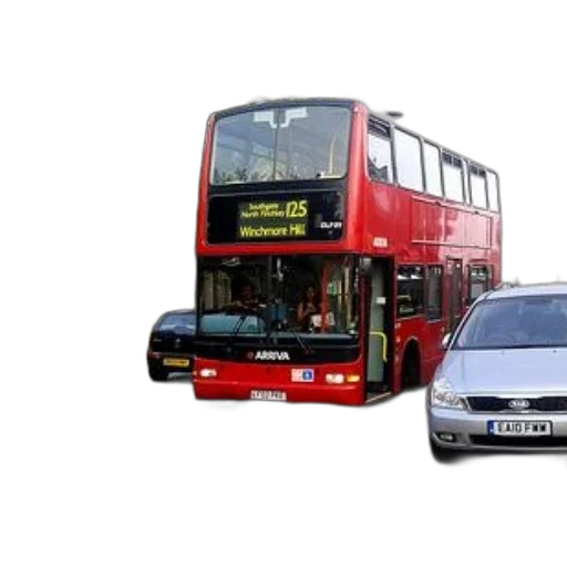 car, photorealistic, red, double-decker, bus, driving, down, street transparent PNG cut-out