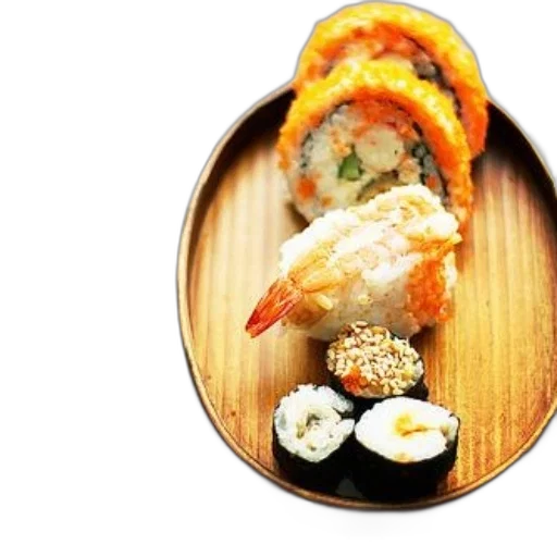 food, photorealistic, 3d render, wooden, plate, holds, variety, sushi transparent PNG cut-out