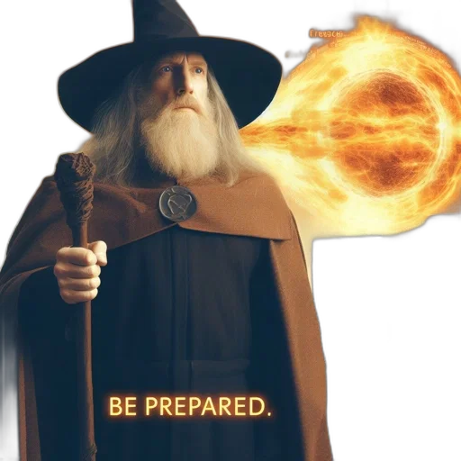 fire, old, man, white, beard, wears, black, robe transparent PNG cut-out