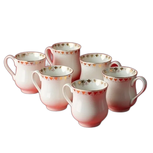 3d render, photorealistic, collection, six, white, ceramic, mugs, gold transparent PNG cut-out