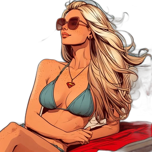 comic book art, cartoon, concept art, photorealistic, beach, red, blue, woman transparent PNG cut-out